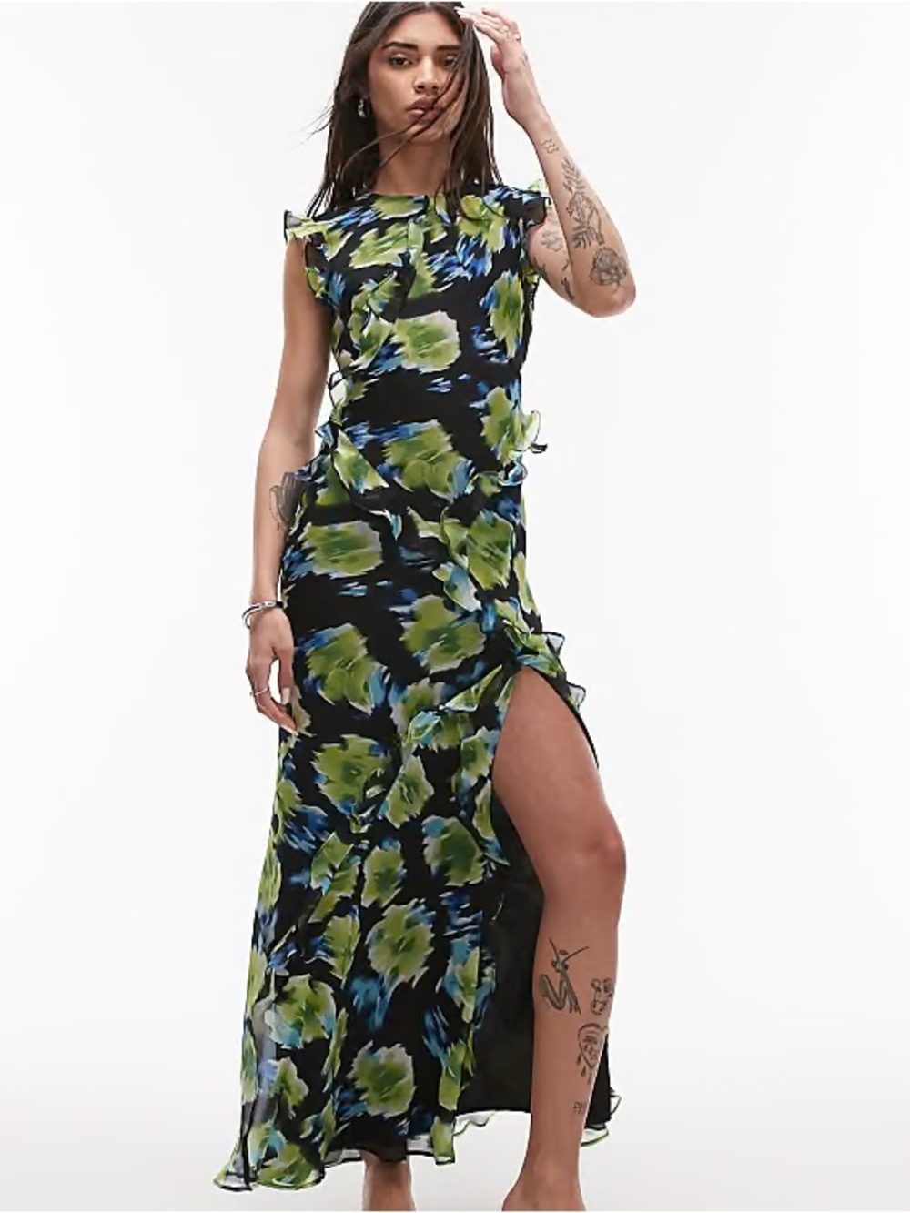 Topshop US 12 Black Backless Floral Ruffle Maxi Dress with Blue and Green Print
